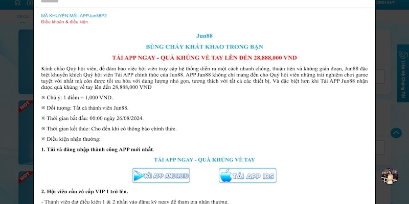 Khuyến mãi Jun88 tải app nhận quà khủng